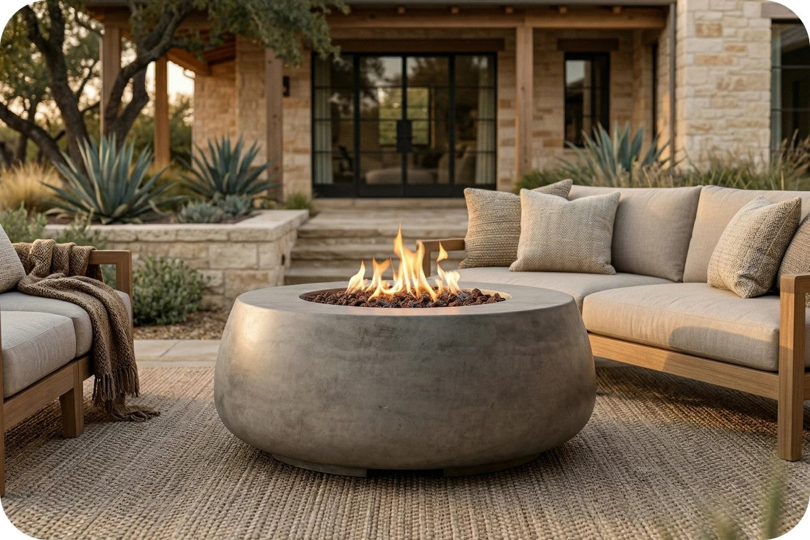 A round concrete fire pit with a glowing fire in the center, placed in front of a beige sectional sofa on a woven rug in an outdoor patio setting.
