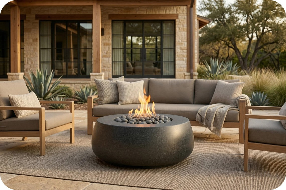 Outdoor patio furniture set with a round dark fire pit table in the center, a gray cushioned sectional sofa, two matching armchairs, and a throw blanket, placed in front of a stone house with plants.