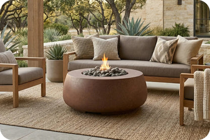 Outdoor patio furniture set featuring a round brown fire pit table with a visible flame, a three-seat sofa with taupe cushions, two matching armchairs, and a woven jute rug in a garden setting.