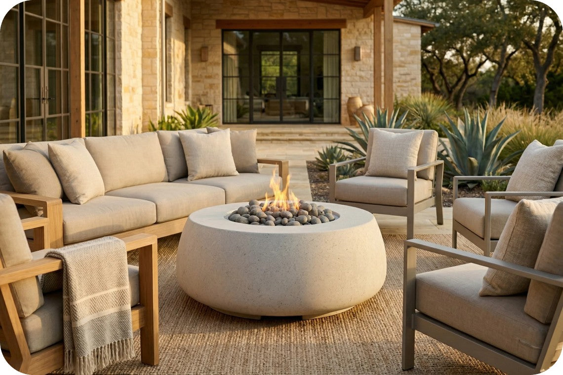 Outdoor patio furniture set with a round concrete fire pit, beige sectional sofa, and matching armchairs in front of a stone house.
