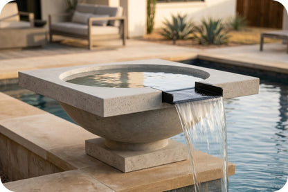A modern square stone fountain with a bowl-shaped basin and a black metal spout pouring water into a swimming pool, shown in an outdoor patio setting.