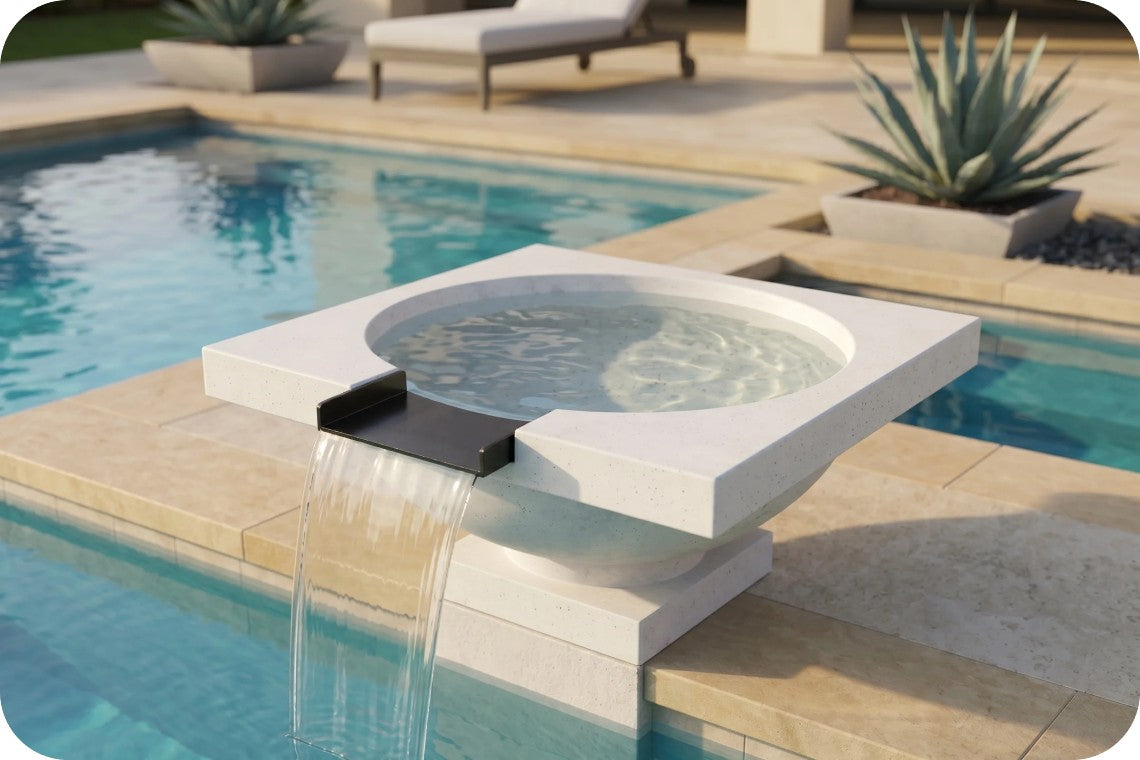 A modern square concrete pool fountain with a black metal spout, shown with water cascading into a swimming pool beside a beige stone patio.