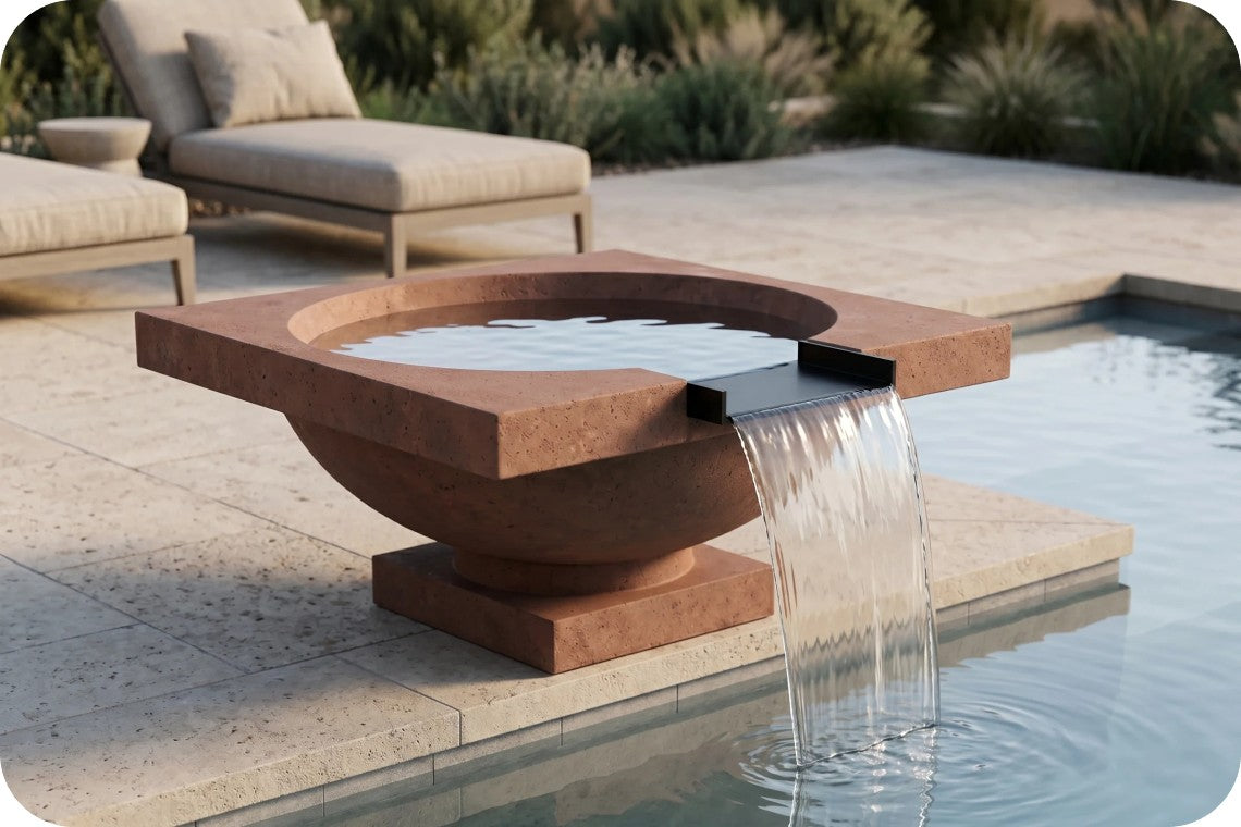 A round concrete planter-style fountain with a waterfall spout, shown beside a swimming pool in a patio setting with lounge chairs and plants in the background.