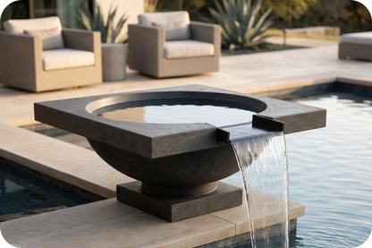 A modern dark gray concrete fountain with a square top and a central circular basin, featuring water flowing from the top into a swimming pool. The fountain is set on a stone deck next to the pool, with outdoor lounge chairs and plants in the background.