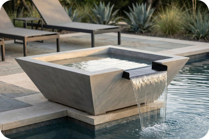 A modern square concrete pool fountain with a waterfall spout, shown installed in a swimming pool with lounge chairs and plants in the background.