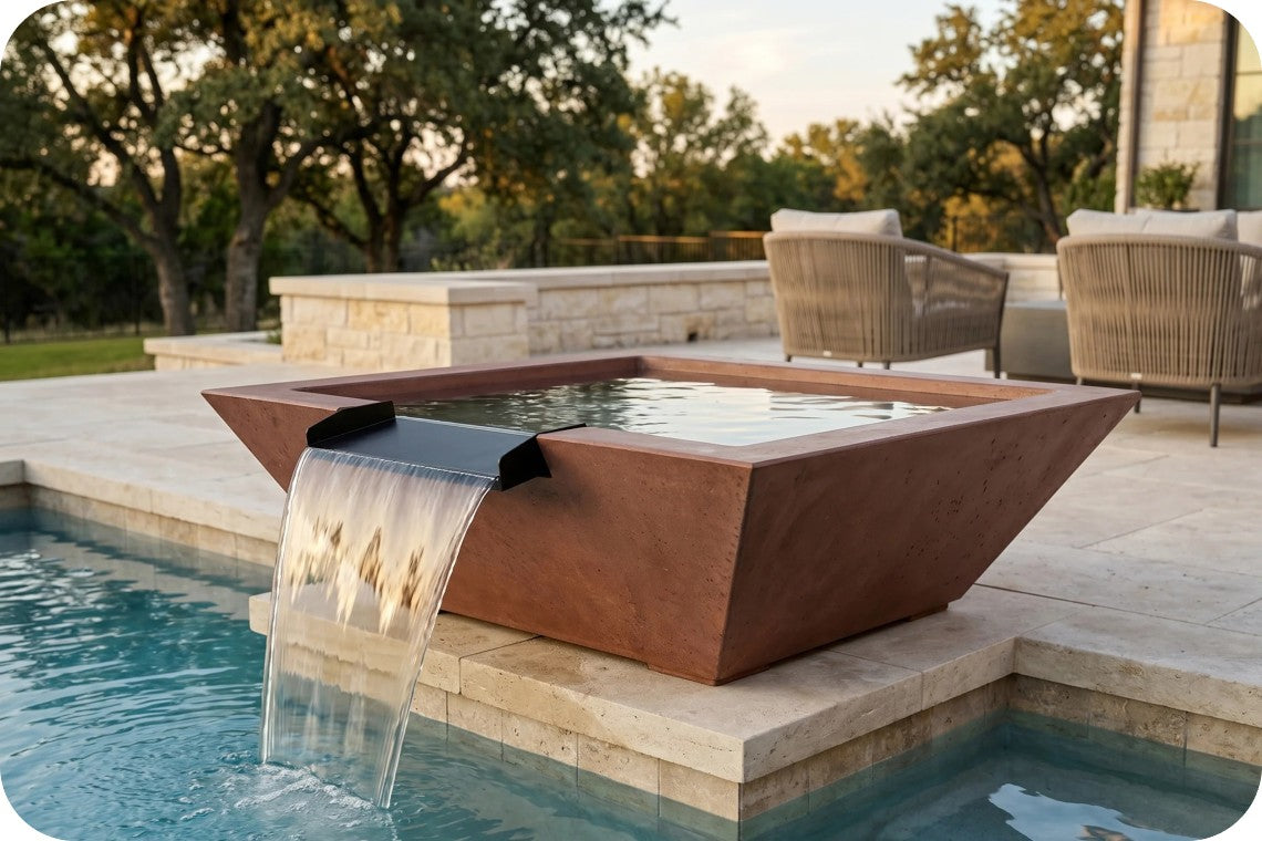 A modern square concrete pool fountain with a terracotta-colored exterior and a black spout from which water cascades into a swimming pool. The fountain is situated on a light stone patio next to the pool, with outdoor wicker patio chairs and trees in the background.