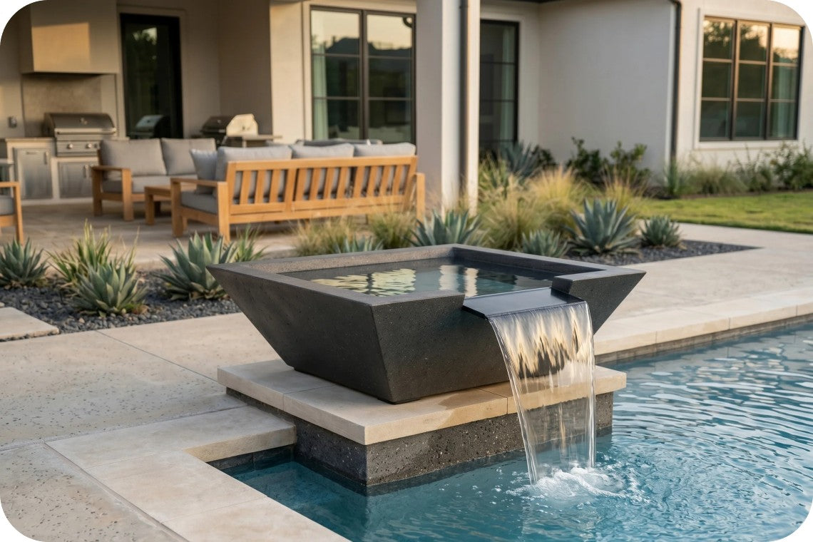 A modern square black stone fountain with a waterfall feature, set in a swimming pool next to a patio with outdoor furniture and landscaping.