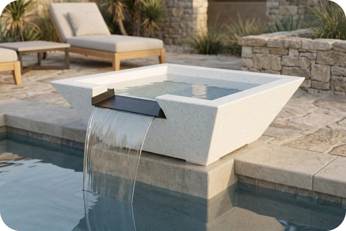A modern rectangular concrete pool fountain with a waterfall overflow, shown installed outdoors beside a swimming pool on a stone patio with lounge chairs and plants in the background.