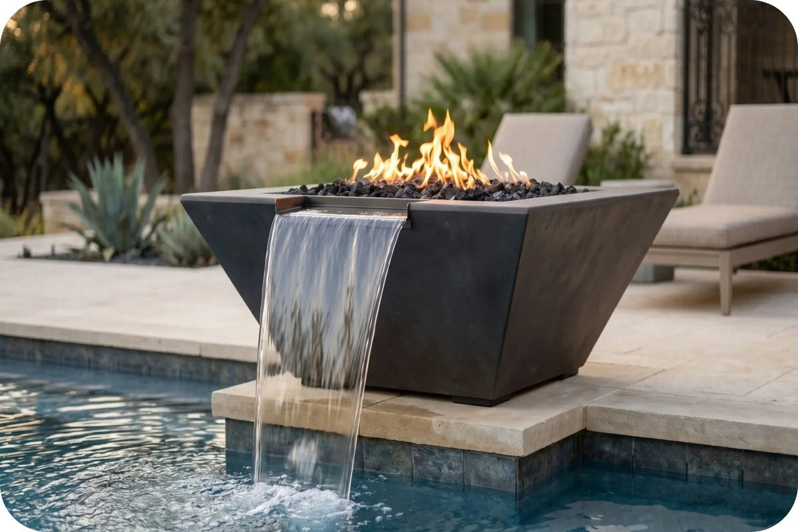 A modern square black fire pit table with a waterfall feature, shown lit with flames and set beside a swimming pool in an outdoor patio setting.