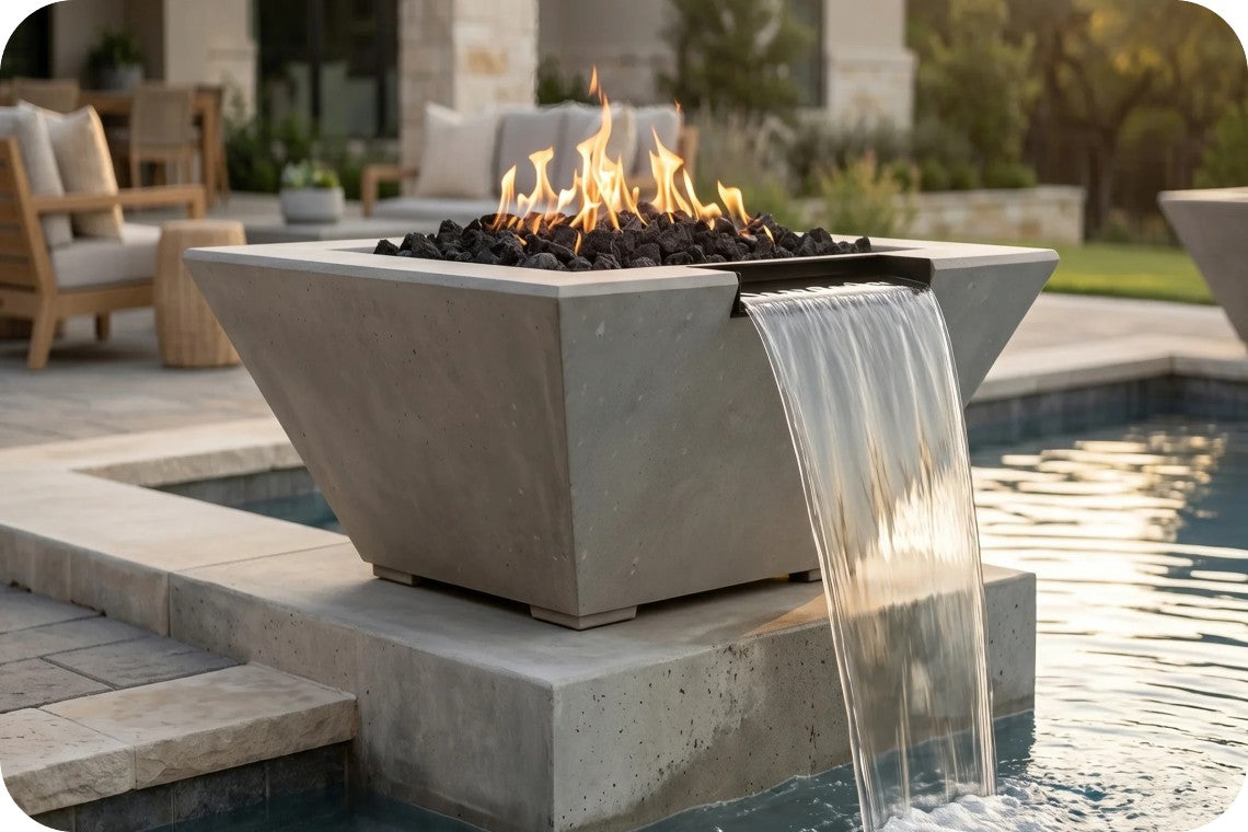 A modern concrete fire pit table with a waterfall spout, filled with black river rocks and active flames, situated on a stone patio next to a swimming pool.