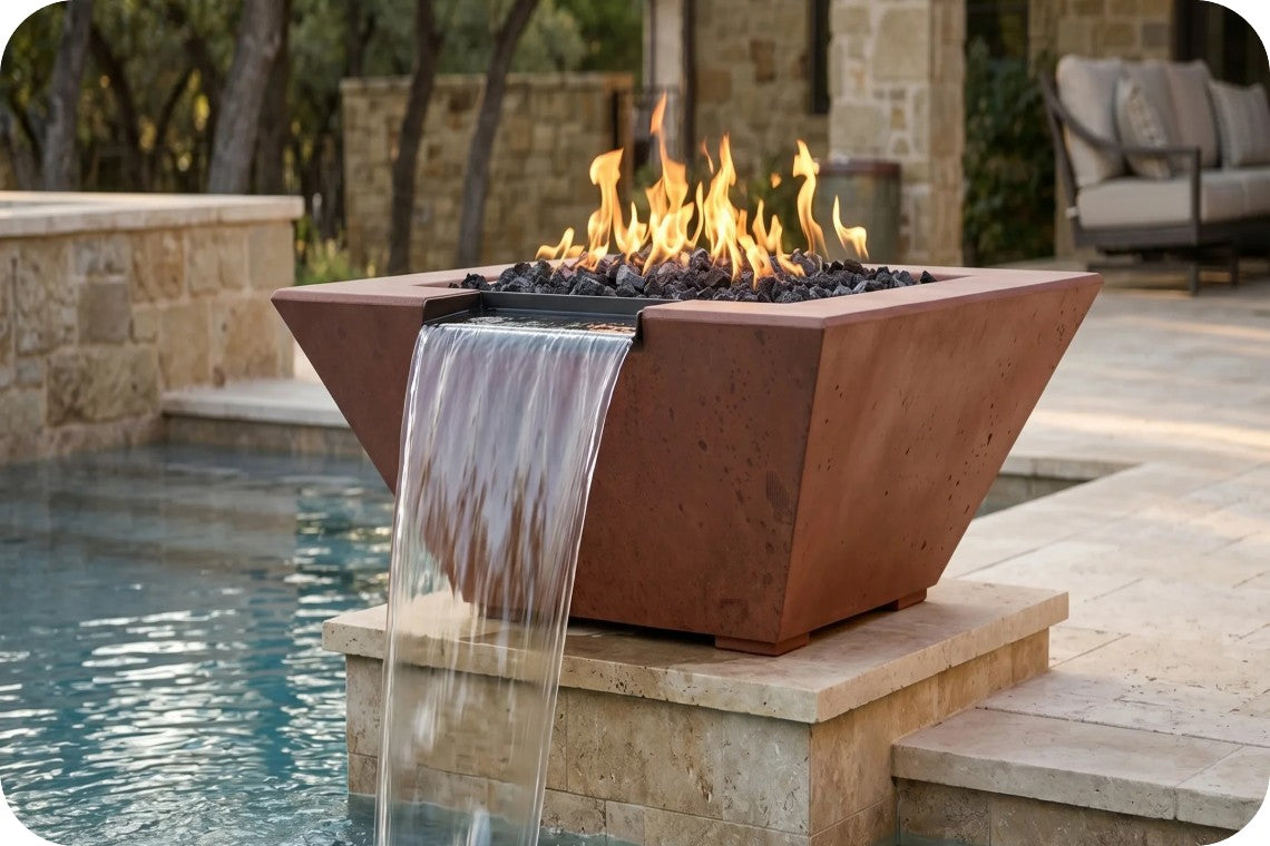 A rectangular concrete fire pit with a waterfall feature, shown lit with flames and set beside a swimming pool in an outdoor patio setting.