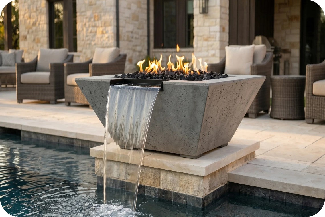 A modern concrete fire pit table with a waterfall feature, set on a stone pool deck next to a swimming pool with outdoor patio furniture and a stone building in the background.