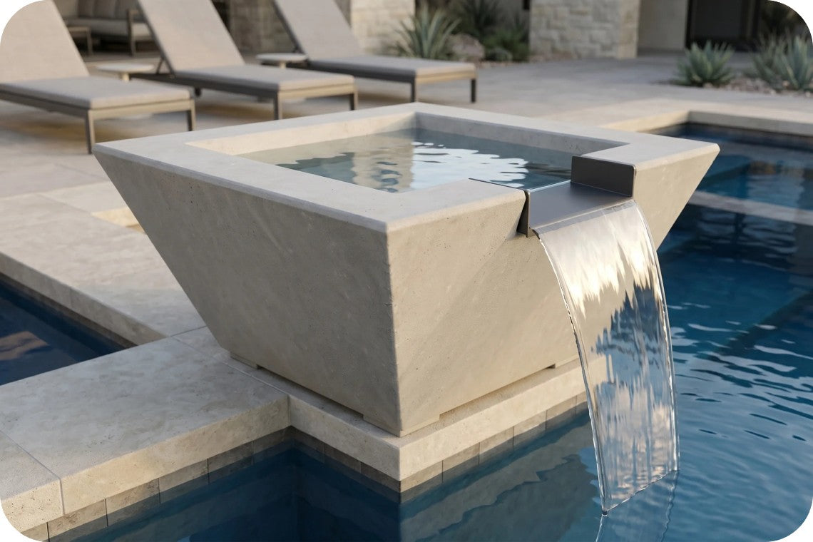 A modern square concrete pool fountain with a waterfall overflow, set in a swimming pool with a stone deck and lounge chairs in the background.