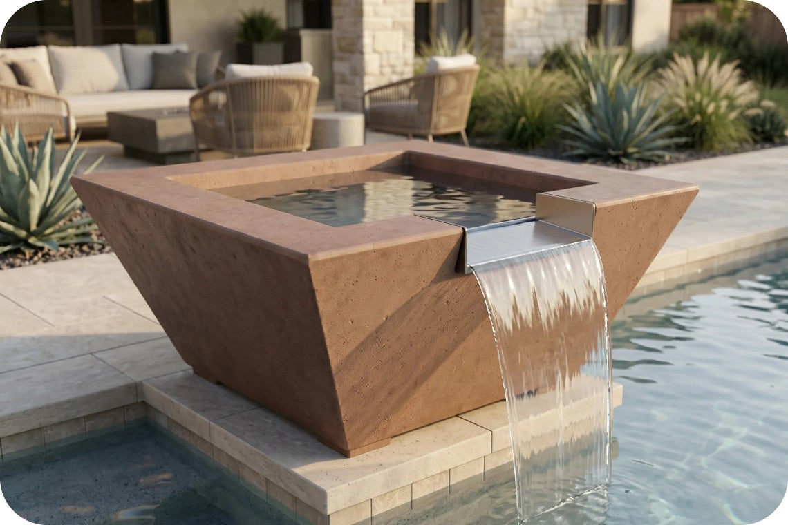A modern geometric outdoor water feature fountain with a terracotta-brown stone body and a stainless steel waterfall spout, set beside a swimming pool in a luxurious patio setting.