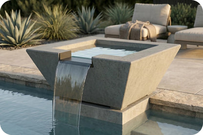 A modern rectangular concrete pool fountain with a waterfall overflow and a glass tray top, shown in an outdoor patio setting next to a swimming pool with lounge chairs in the background.