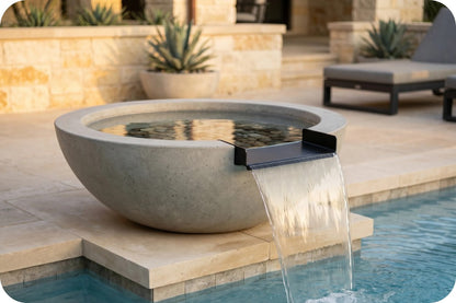 A round concrete outdoor pool fountain with a waterfall spout, shown beside a swimming pool on a stone patio with lounge chairs and plants in the background.