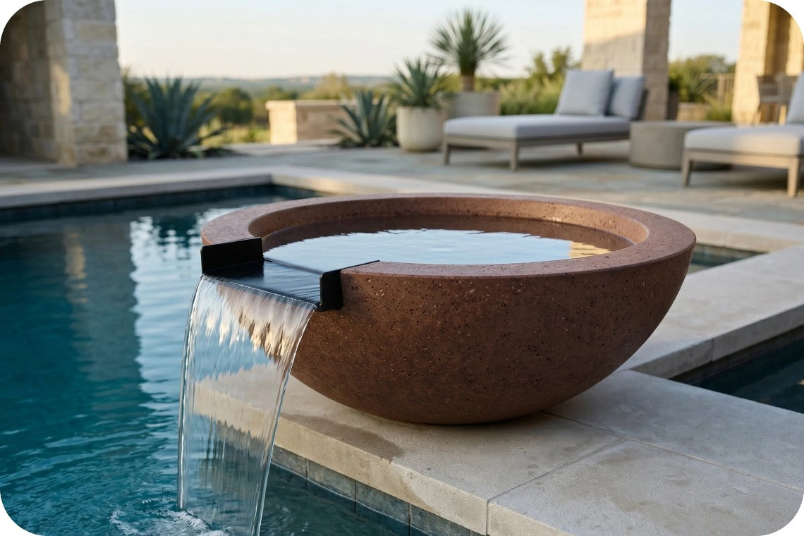 A round brown stone fountain bowl with a waterfall spout, placed beside a swimming pool in an outdoor patio setting.