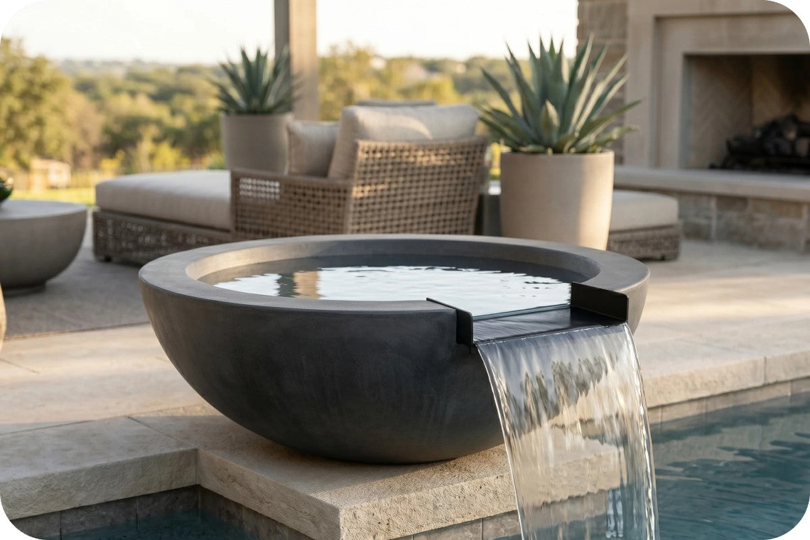 A round dark gray concrete waterfall fountain bowl placed beside a swimming pool, with water flowing from a black spout on the right side. The setting is an outdoor patio with wicker furniture, potted plants, and a stone fireplace in the background.
