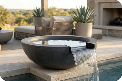A round dark gray concrete waterfall fountain bowl placed beside a swimming pool, with water flowing from a black spout on the right side. The setting is an outdoor patio with wicker furniture, potted plants, and a stone fireplace in the background.
