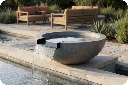 A round concrete bowl water feature with a rectangular spout, shown outdoors beside a pool with water cascading down. The setting includes patio seating, plants, and stone paving in the background.