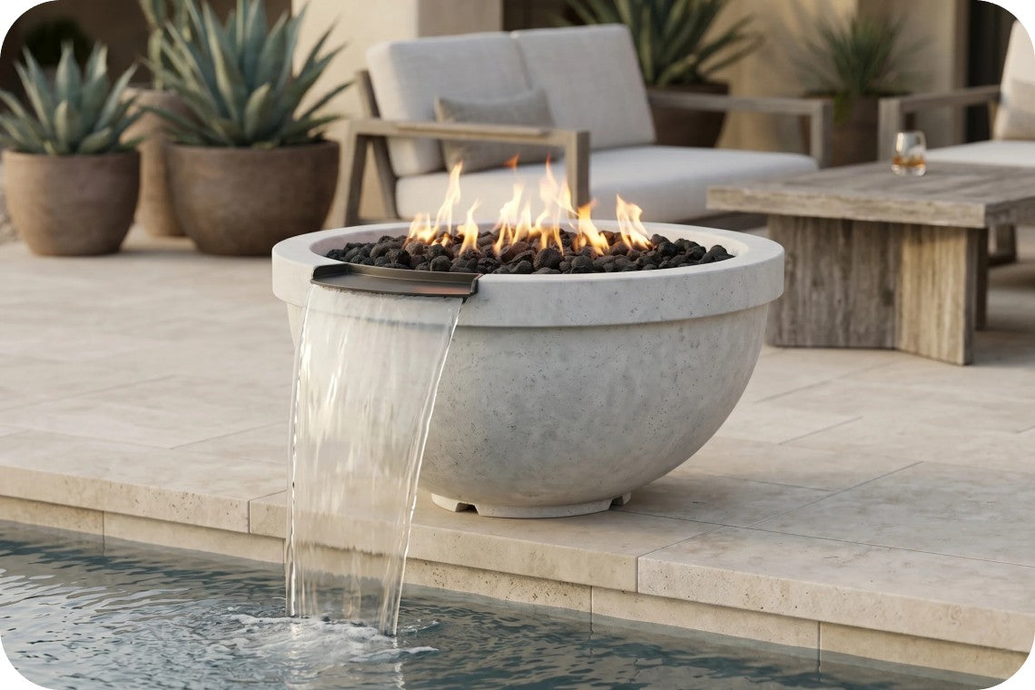 A round concrete fire pit bowl with active flames and black stones, featuring a waterfall spout pouring water into a pool, set in a modern patio environment.