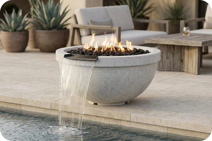 A round concrete fire pit bowl with active flames and black stones, featuring a waterfall spout pouring water into a pool, set in a modern patio environment.