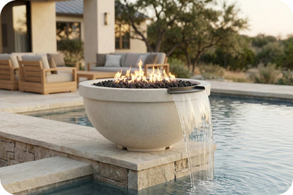 A round outdoor fire pit bowl with active flames and a waterfall spout, placed beside a swimming pool in a patio setting with lounge chairs and trees in the background.