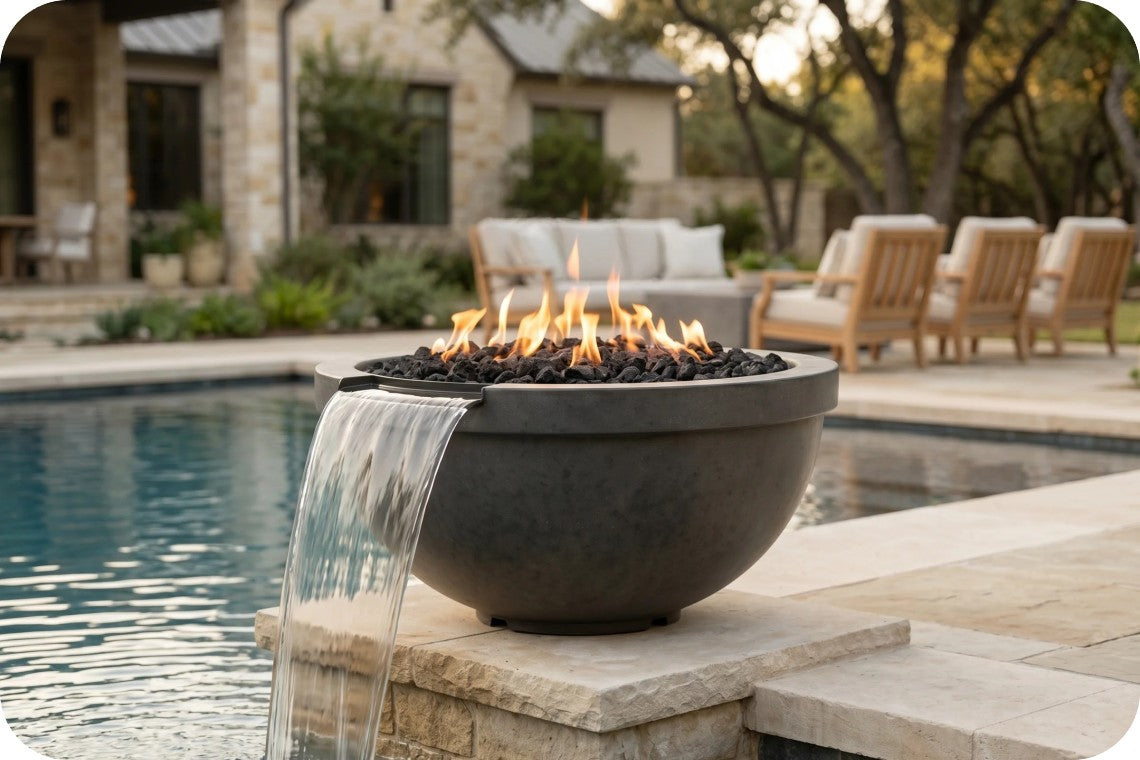 A round dark stone fire pit bowl with active flames and black river rocks, positioned beside a swimming pool with a waterfall feature. The background shows a patio with lounge chairs, a stone house, and trees in soft focus.
