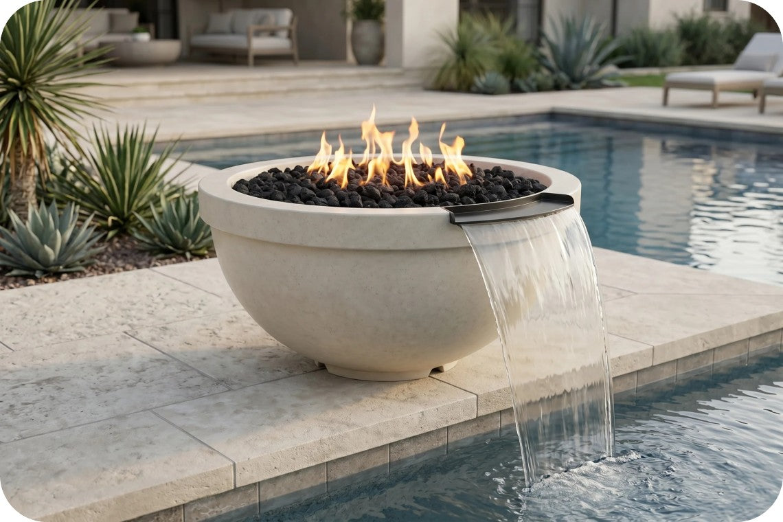 A round concrete fire pit table with flowing water into a swimming pool, filled with black fire rocks and active flames, set in a luxurious outdoor patio environment.
