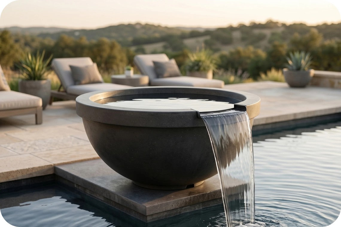 A round dark concrete outdoor fountain with a waterfall spout, placed beside a swimming pool on a patio with lounge chairs and a landscaped hillside background.