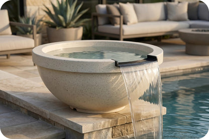 A round beige stone fountain with water flowing from a small black spout, placed beside a swimming pool in an outdoor patio setting with lounge chairs and plants in the background.
