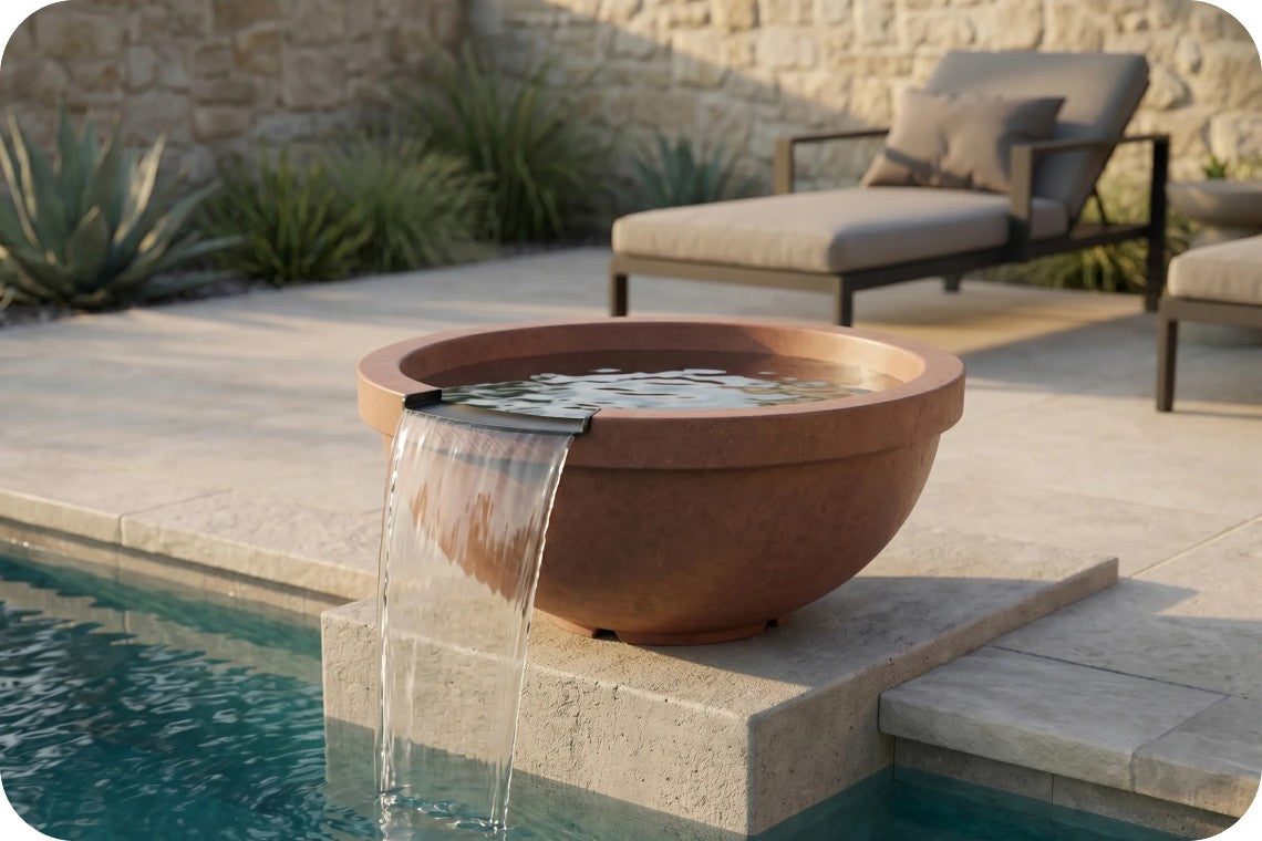 A round terracotta-style outdoor pool fountain with water cascading over the rim into a swimming pool, set on a stone patio beside lounge chairs and plants.