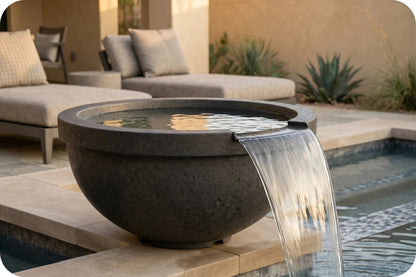 A round dark stone fountain bowl with water flowing from a small spout on the right side, placed beside a swimming pool in an outdoor patio setting with lounge chairs and plants in the background.