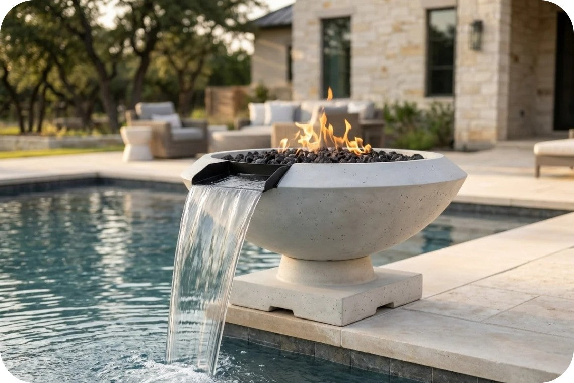 A modern concrete fire pit bowl with a waterfall feature flowing into a pool, set on a patio in front of a stone house.