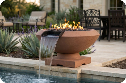 A terracotta-colored outdoor fire pit bowl with active flames, featuring a waterfall spout that feeds into a pool, set on a patio next to a swimming pool with garden plants and patio furniture in the background.
