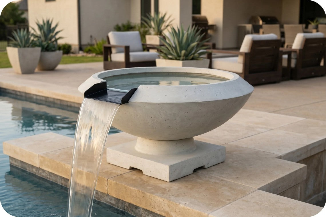 A round concrete pool fountain with water flowing from a black spout, set on a stone patio beside a swimming pool in an outdoor backyard setting.