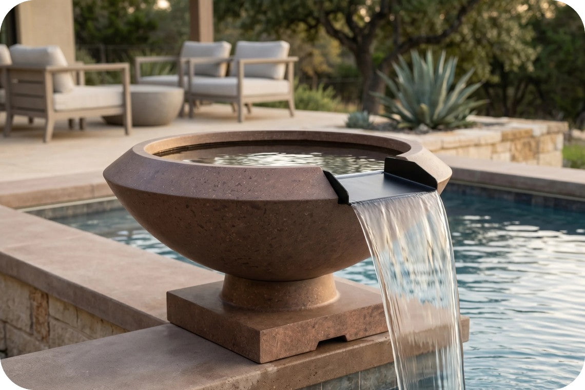 A round stone fountain bowl with a waterfall spout flowing into a swimming pool, set beside a patio with lounge chairs and outdoor greenery in the background.