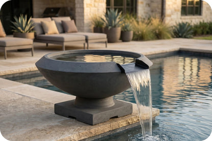 A round dark gray stone fountain with a tiered base and a small spout pouring water into a swimming pool, shown outdoors beside a patio and lounge chairs.