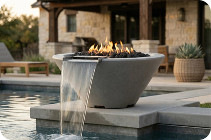 A modern outdoor fire pit bowl with a waterfall feature, filled with black stones and active flames, situated on a stone deck next to a swimming pool with a house in the background.