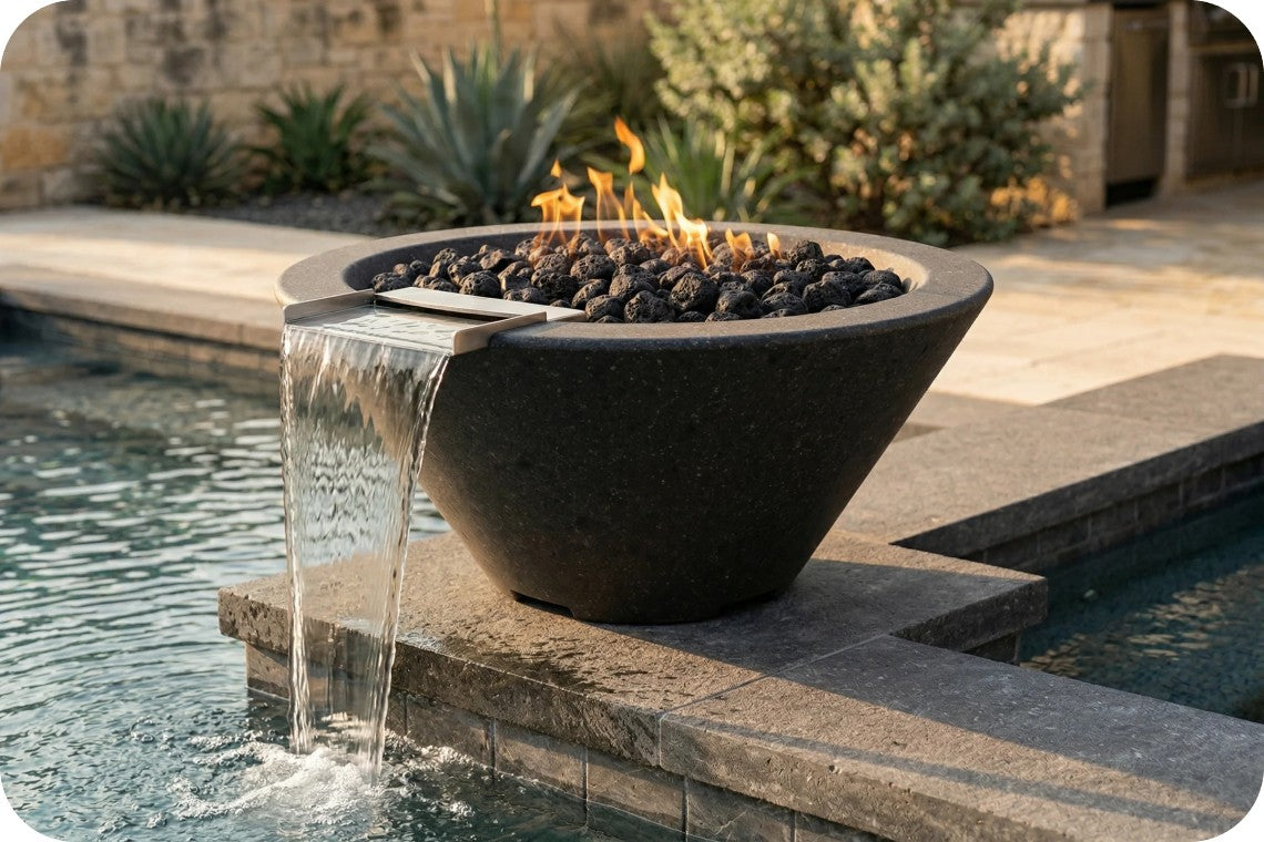 A modern round concrete fire pit table with a waterfall spout, filled with dark river rocks and lit with orange flames, situated on a stone patio next to a swimming pool.