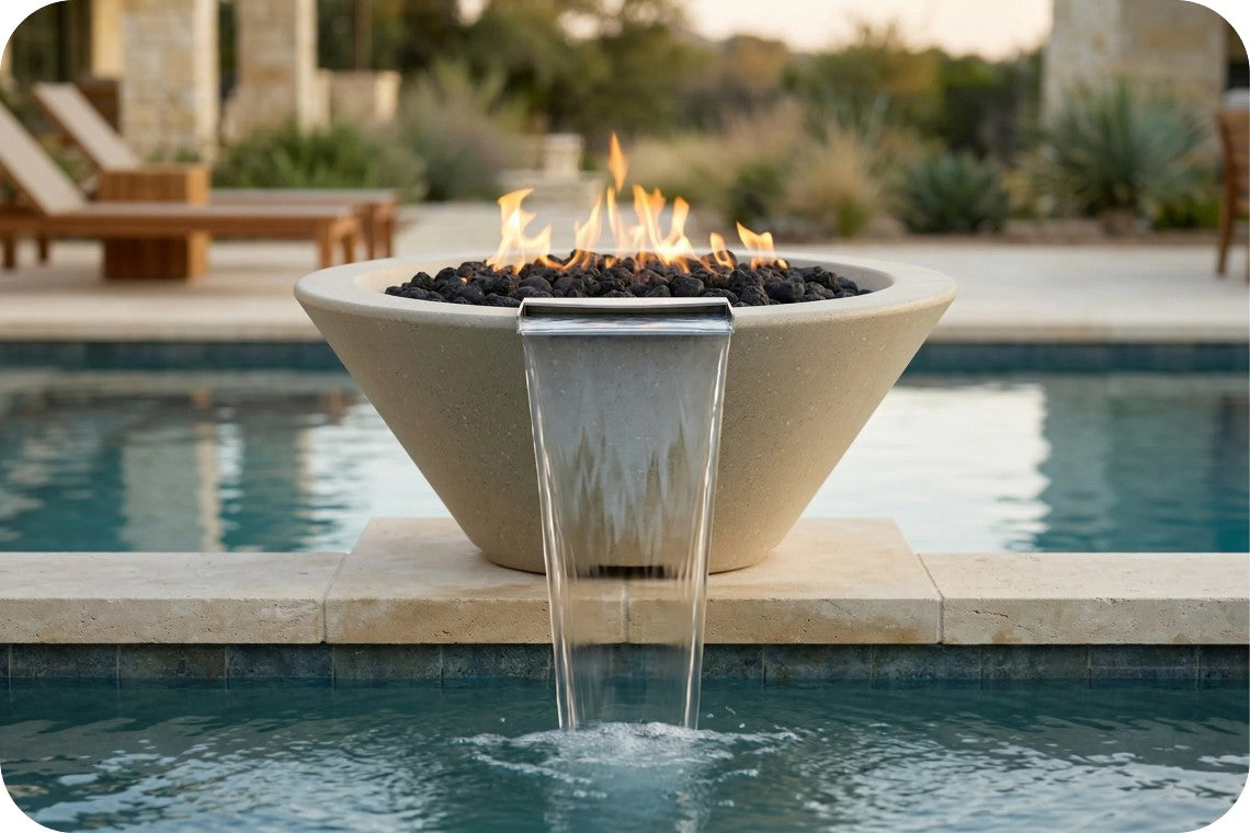A modern outdoor fire pit bowl with a waterfall spout, filled with black river rocks and lit flames, situated on the edge of a swimming pool.