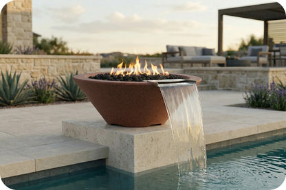 A large terracotta bowl fire pit with active flames sits on a stone pool deck beside a swimming pool, with water cascading from the bowl into the pool. Modern patio furniture and a stone wall are visible in the background.