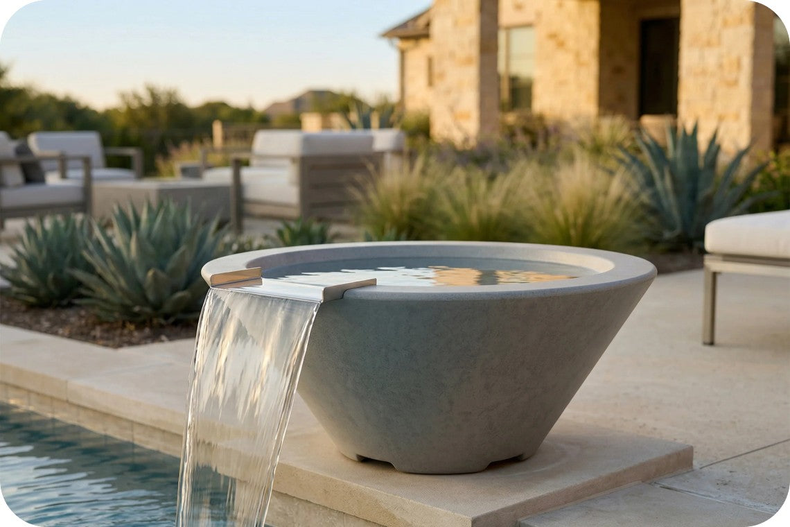 A large round concrete outdoor fountain with a waterfall spout, placed beside a pool in a modern patio setting with plants and a stone building in the background.
