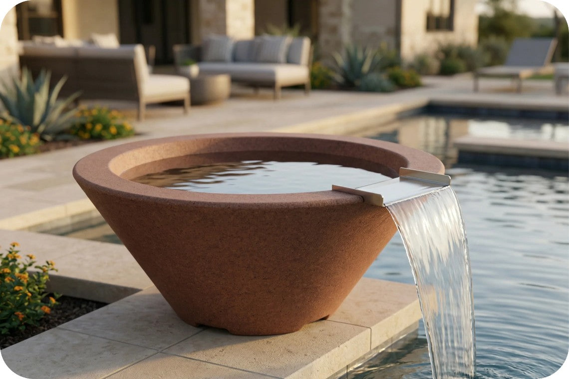 A large terracotta-colored concrete planter bowl fountain with a waterfall spout, filled with water and set on a stone patio next to a swimming pool.