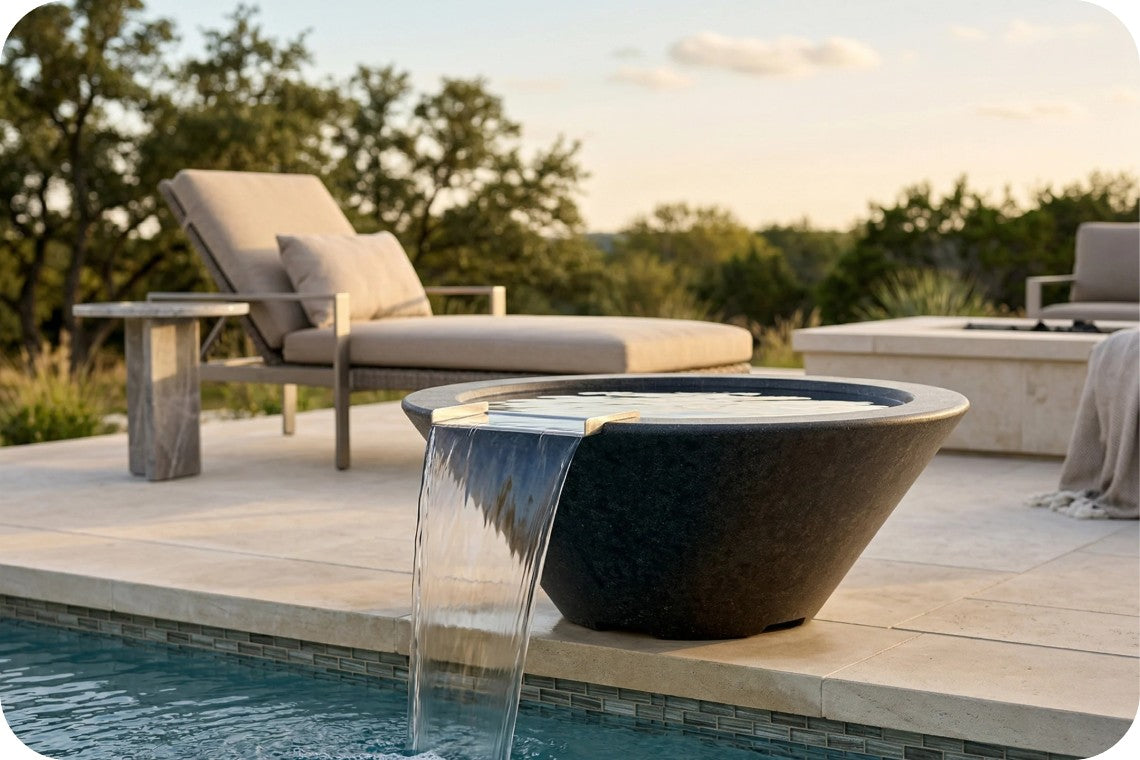 A modern outdoor poolside scene with a large dark stone bowl-shaped feature wall fountain with water cascading into the pool, set on a light stone patio with a lounge chair and trees in the background.