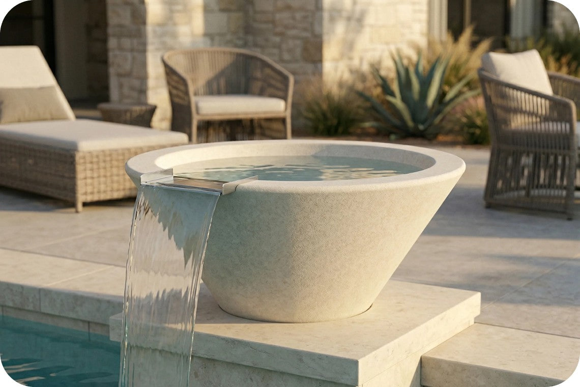 A modern round concrete waterfall fountain with a tiered base, shown in use outdoors by a swimming pool with patio furniture in the background.