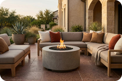 Outdoor patio furniture set with a round concrete fire pit in the center, surrounded by a sectional sofa and matching lounge chairs with beige cushions and rust-colored pillows, set against a warm stone building background.