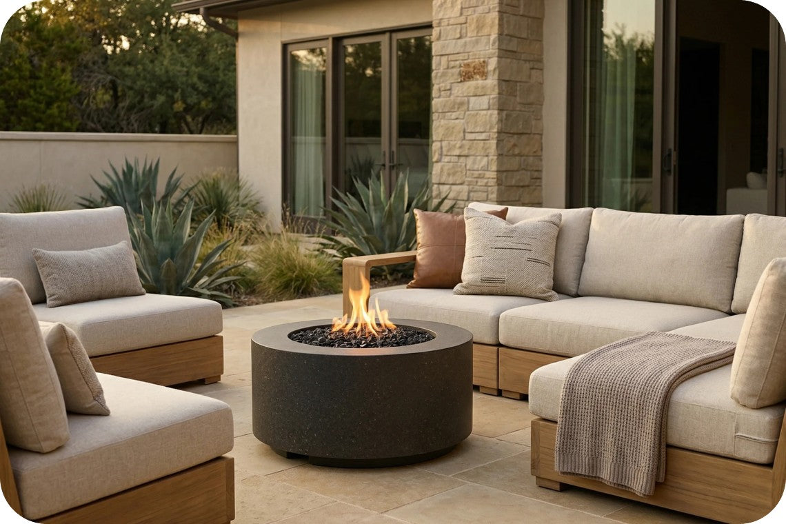 Outdoor patio furniture set with a round fire pit table, including a sectional sofa, two armchairs, and a throw blanket, arranged on a stone patio in front of a house.