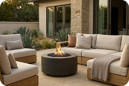 Outdoor patio furniture set with a round fire pit table, including a sectional sofa, two armchairs, and a throw blanket, arranged on a stone patio in front of a house.