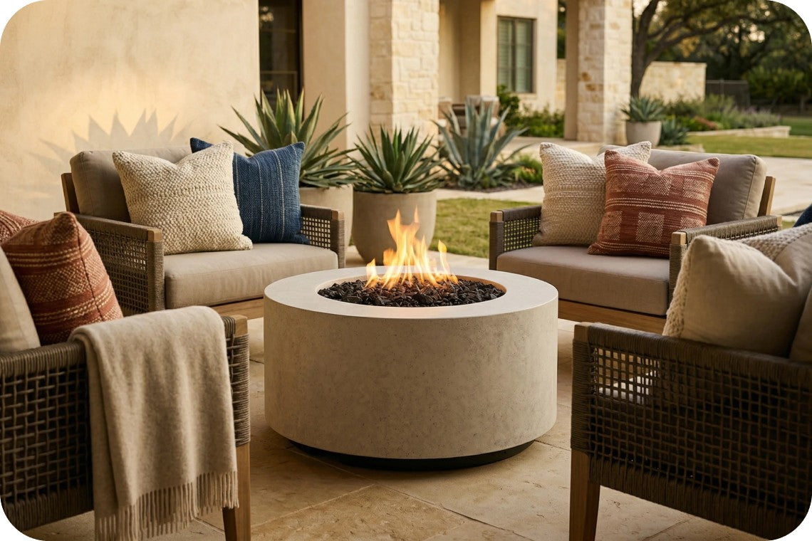 Outdoor patio furniture set with a round concrete fire pit table in the center, surrounded by wicker armchairs and sofas with neutral and patterned throw pillows, on a stone patio in front of a house.